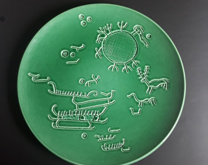 Vintage Tanum Sweden Rock Carving Large Decorative Ceramic Plate. Beautiful Green Glaze with Relief Drawings. Viking Theme. Swedish Pottery.