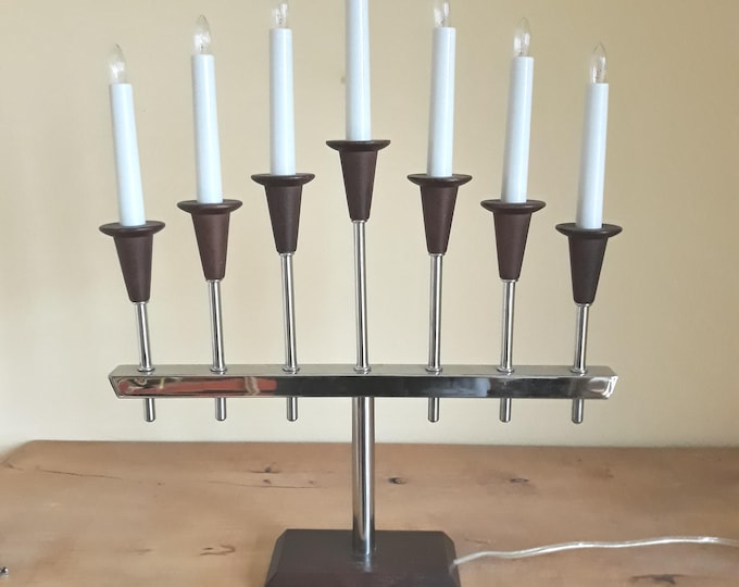 Mark Slojd Sweden Electric Candelabra. Swedish Christmas Candleholder for Seven Electric Lights in Candle Shape. Silver Metal and Wood.
