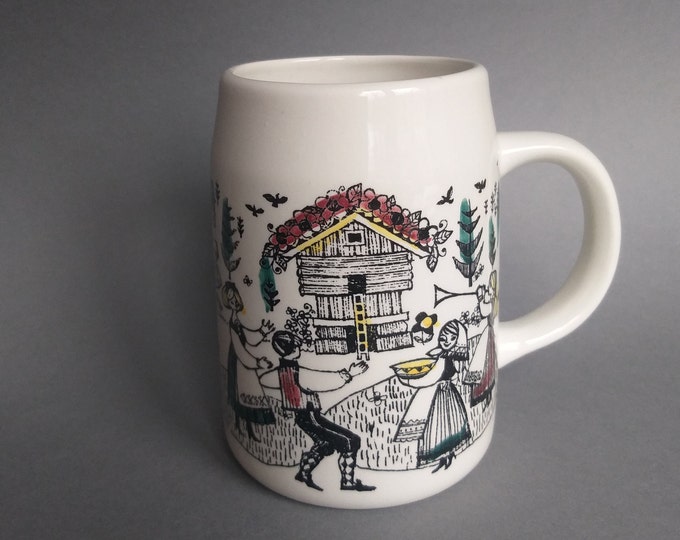 Vintage Stavangerflint Norway Ceramic White Beer Mug. Inger Waage. Mid Century Modern Style Design. Silk Screen. Hand Painted. Norwegian Mug