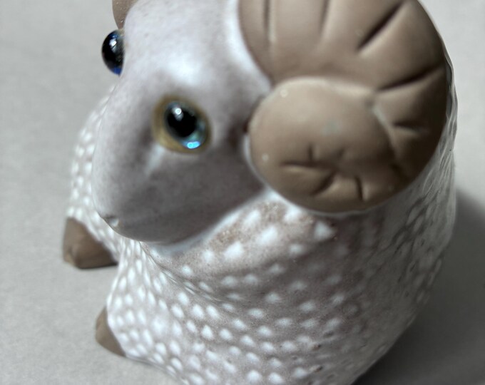 Gia Gantofta Sweden Ceramic Figurine - Ram with Horns and Blue Eyes. Mid-century Scandinavian Home Decor. Marked.
