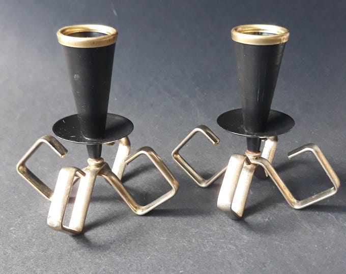 Set of 2 Small Swedish Metal Candleholders for Thin Candles. Painted in Black Colour. Brass Top. Great for Small Spaces. Gunnar Ander. MCM.
