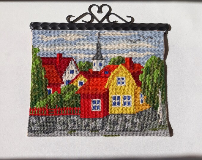 Nice Vintage Swedish Wall Decoration. View of the City. Bright Colours. Quality Forged Metal Hanger Holder. Handmade in Sweden. Perfect Gift