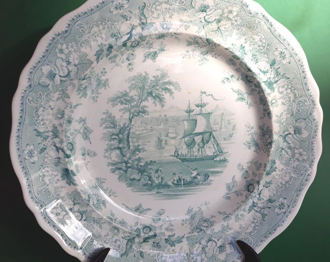 Antique Davenport Staffordshire England Green Transfer Dinner Plate in Pattern Marine Views.