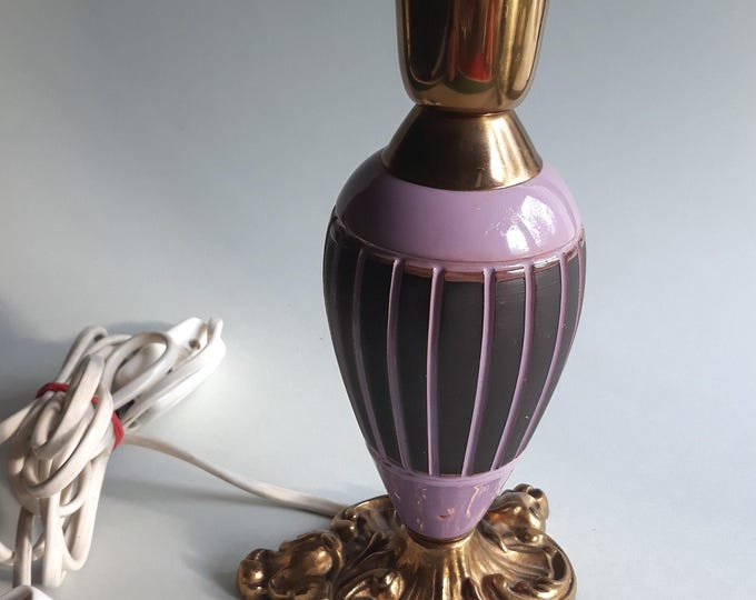 Sophisticated Vintage Table Lamp Sweden. Design Ewa Värnamo. Metal Brass Base. Purple Ceramic Base with Black Vertical Relief Stripes.