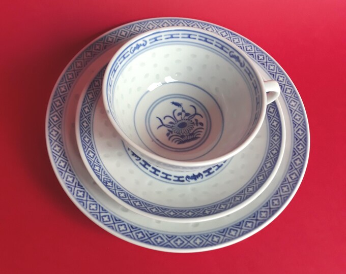 Lotus Flower Jingdezhen Vintage Trio Set- Tea Cup Saucer Plate. Chinese Rice Grain Eyes Pattern in Blue, White Colour. Hand Made in China.