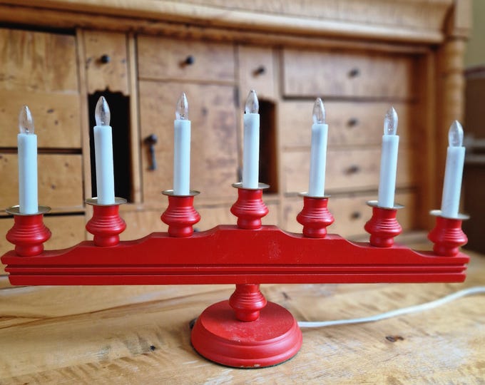 Sweden Red Wooden Electric Christmas Candleholder for Seven Electric Lights in Candle Shape. Original Label. Scandinavian Home Decor.