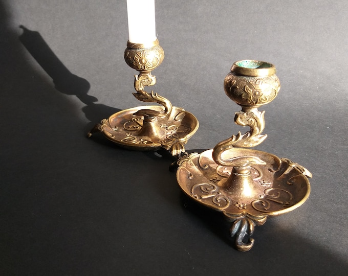 2 Antique Looking Brass Candleholders with Figural Forms from Sweden. Patina. Graceful Appearance. Lovely Home / Table Decor.