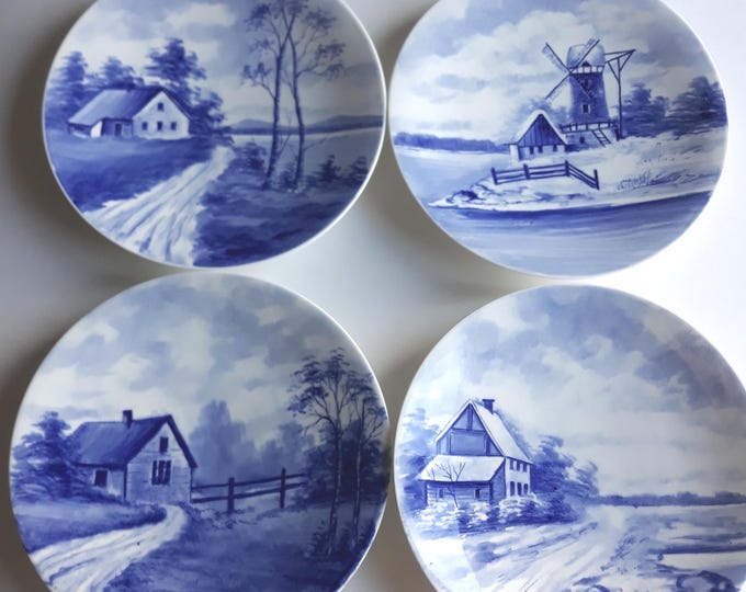 Set of 4 Antique Rorstrand Sweden Decorative Wall Plates. Marking from the 1930s. Ideal for Plate Walls. White, Blue Colour. Landscape Views