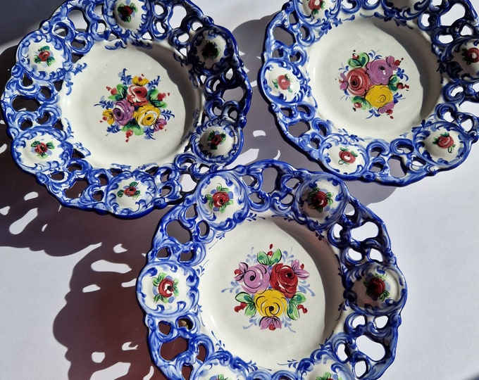 Set of 3 Vintage Portugal Wall Decor Plates. Refined Edges. Intricate Hand Painted  Multi-coloured Floral Design. Marked. Home Decor.
