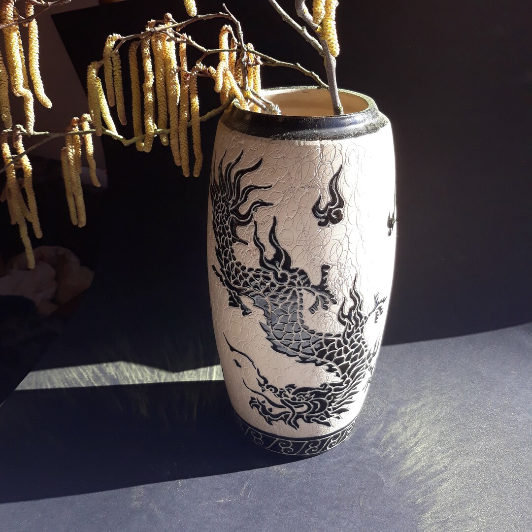 Dona Ceramic Art Studio Saigon Vietnam Dragon and Fenix Vase in Beige