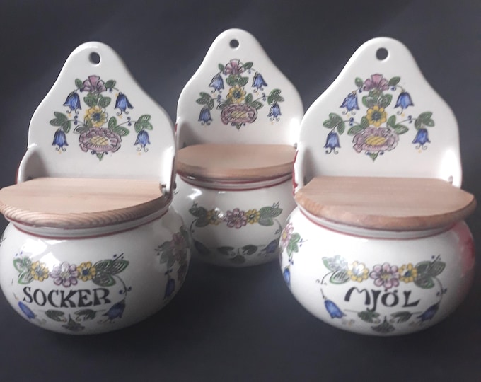 One Vintage Aksini Danmark Ceramic Cellar. Wood Lid. Floral Decor. Danish Country or Farmhouse Style Kitchen Accessory. It can stand or hang