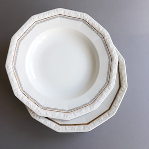 One Rosenthal Germany Plate Pattern Maria. White Porcelain Soup Plate with Gold Decorative Border. Elegant Design.
