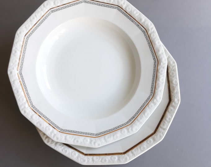 One Rosenthal Germany Plate Pattern Maria. White Porcelain Soup Plate with Gold Decorative Border. Elegant Design.