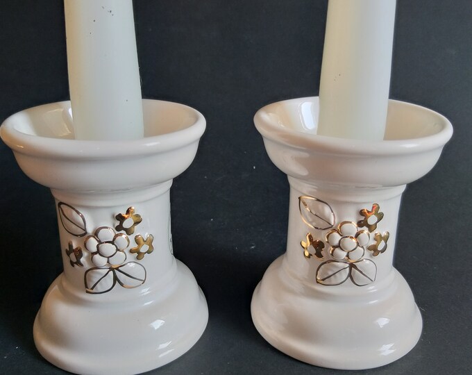 Pair of Rosa Ljung Deko Keramik Helsingborg Sweden Candlestick Holders. White Colour, Flower Relief Pattern with Gold Decor. Elegant Design.