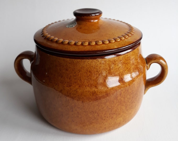 Old Hoganas Pot with Lid and Handles Sweden. Beautiful Shiny Hany Brown Colour Glaze. Original Sticker. Marked. Vintage Swedish Pottery.