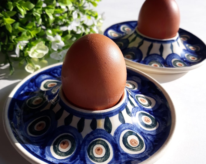Set of 2 Antique Heise Pottery Germany, pre Poland Egg Cups. Made In Germany. Hand Painted. Classic Peacock Design. Marked.