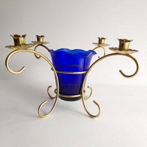 Sweden Candelabra Designed by Gunnar Ander for Ystad Metall. A Unique Combination of Metall and Cobalt Glass. Swedish candle holder from 50s