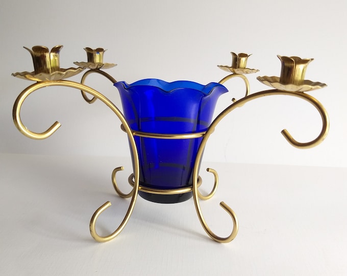 Sweden Candelabra Designed by Gunnar Ander for Ystad Metall. A Unique Combination of Metall and Cobalt Glass. Swedish candle holder from 50s