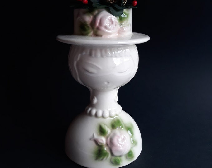 Guldkroken Hjo Sweden Lady Head Vase in Ecru White Colour with Pink and Green Embossed Flower Decor. Vintage Swedish Ceramic Figurine.