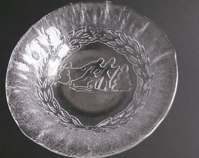 Scandinavian Textured Crystal Glass Bowl with Skiers Snow and Christmas Trees Depicted in Relief. Vintage Nordic Glass Design. Lowly Bowl.