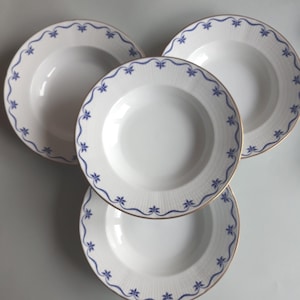 Rorstrand Sweden. Porcelain Soup Plate Pattern Mårbacka. White Base with Blue Decor. Gilded Edge. Design Pia Rönndahl. Vintage Swedish China
