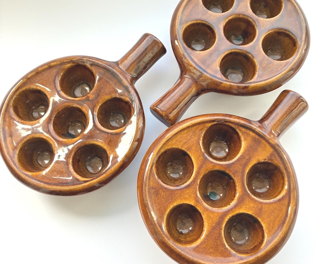 One Set of 3 Escargot Dishes West Germany Pottery Dumler  and Breiden. Glossy Brown Glazed Ceramic. Collectable. Marked.