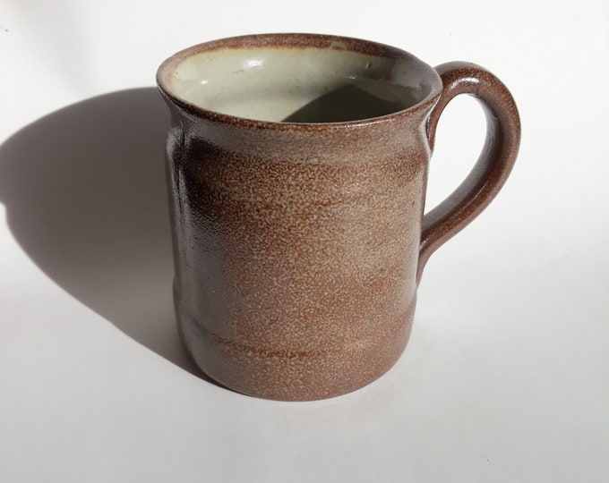 Large Heavy Hand Trown Ceramic Mug with Handle. Exterior Glazed - Silver Brown Salt Glaze. Glossy Grey Glaze Inside. Possibly made in France