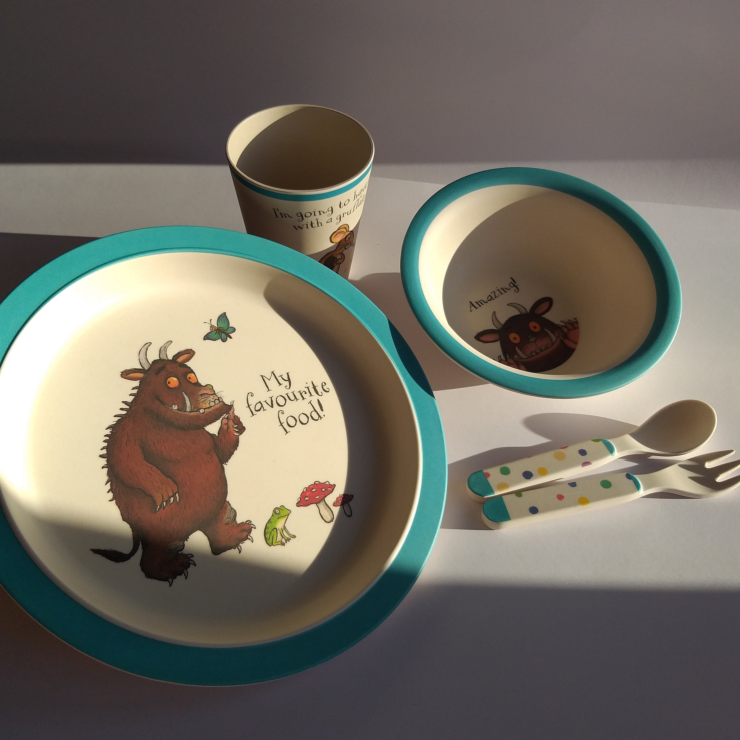 The Gruffalo Bamboo 5 Piece Kids Eco Friendly Dinner Set in Original Box. Set Includes a Bamboo Plate Bowl Cup Fork and Spoon. Not Used. Etsy