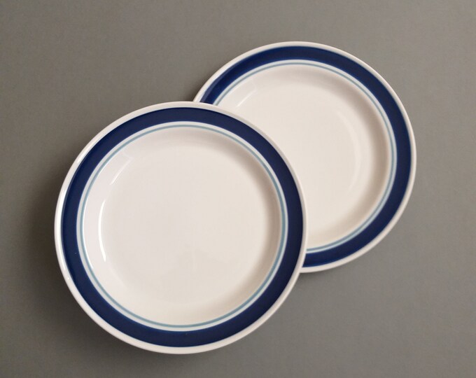 Pair of Diamant Azur Rörstrand Sweden Plates. Small Vintage Plates. White Base Blue Stripes. Designed by Jacqueline Lynd. Made in Sweden 70s