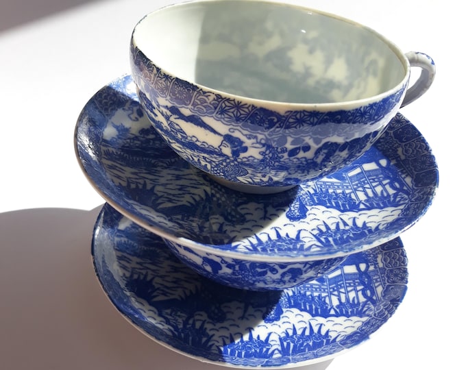 Two Japanese Porcelain Tea Cups with Saucers. Geisha Pattern. Transfer Blue, White Eggshell Porcelain. Mid Century Beautiful Delicate china.