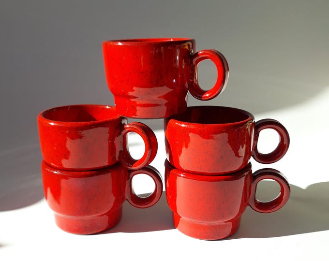Set of 5+1 Ceramic Espresso Cups in Bright Red Colour Glaze. Very Cute Coffee Set. Not Marked.