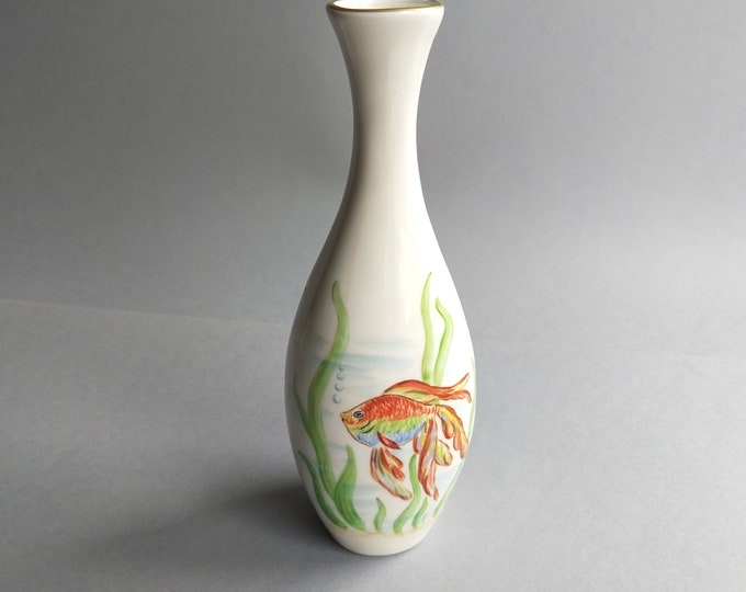 Promoto Ceramics (Malmö Porcelain Painting) 1933 - 1965 Sweden. Vintage Porcelain Vase. Beautiful Gold Fish. Hand Painted. Original Label.