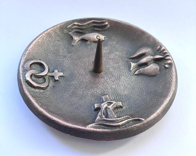 Vintage German Brutalist Bronze Candlestick. Central Spike for Pillar Candle. Decorated with four Religious Symbols representing Sacraments.