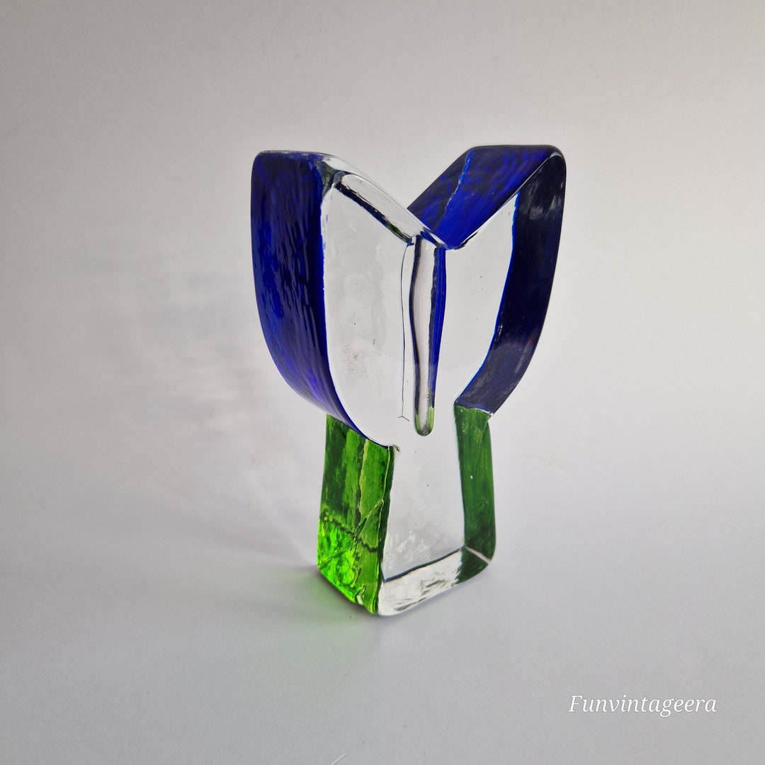 Vintage Glass Block Vase in Unusual Shape With Blue and Green Edges. Sol Fleur Mid Century Glass