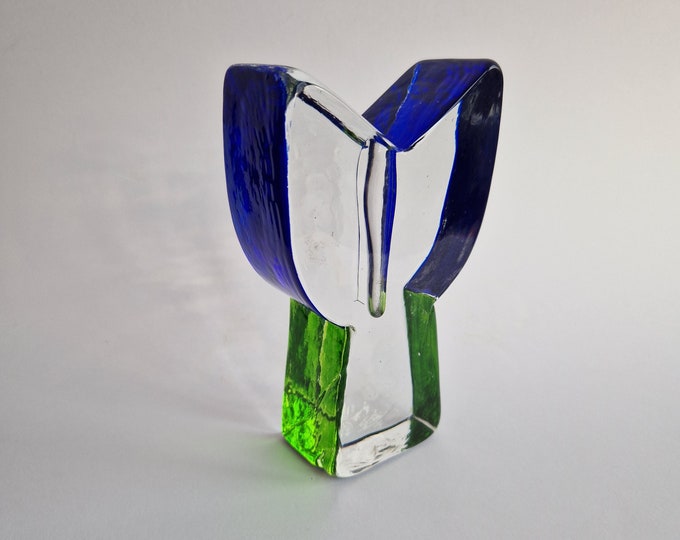 Vintage Glass Block Vase in Unusual Shape with Blue and Green Edges. Sol fleur Mid Century Glass. Great for a Spring Flower. Quite Heavy.