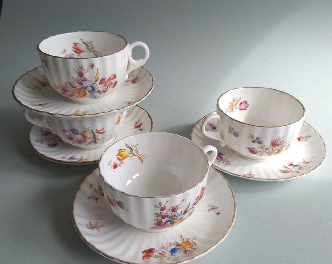 Set of 2 Rorstrand Sweden Vintage Porcelain Ribbed Coffee Tea Cups, Saucers. Flower Decor, Gilded Edges. Marked. Antique Swedish China.