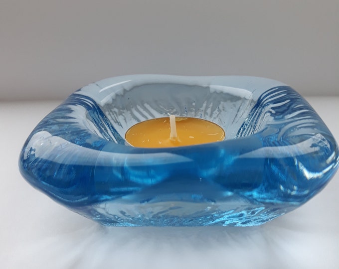 Vintage Scandinavian Glass Small Dish, Tea Light Holder. Lovely Light Blue Textured Glass. Reminds of Ice. Square Shape. Swedish Art Glass.