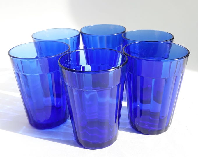 Set of 6 Vintage French Cobalt Blue 200ml Juice Glasses, Drinking Glasses, Tumblers. Marked on Bottom.