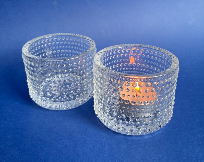 Pair (2) Iittala Glass Finland Kastehelmi Dew Drop Candle Holders. Designer Oiva Toikka (1929 - 2019). Clear Glass Tealight Holders.