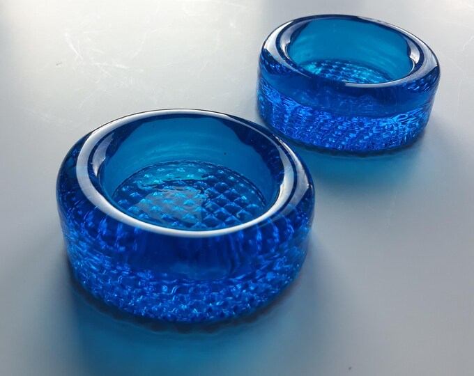 Set of 2 Beautiful Blue Scandinavian Christal Glass Candleholders. Round Shape. Thick Heavy Glass.