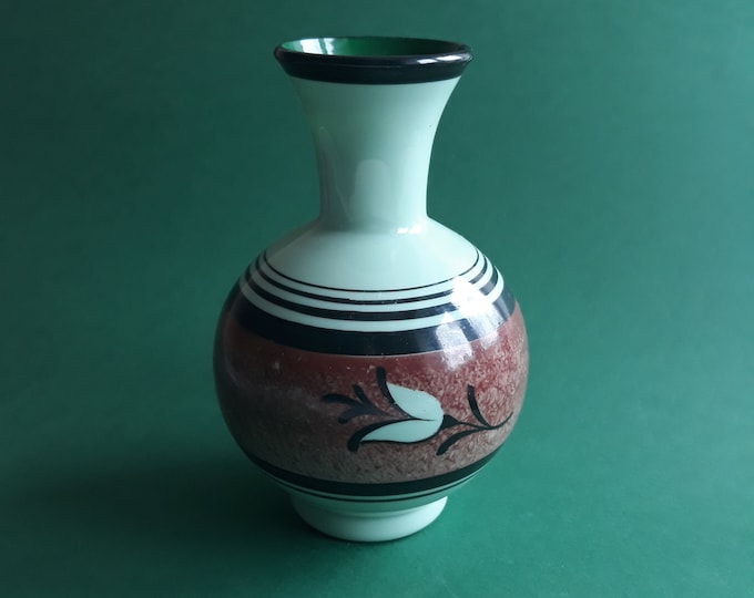 Mid Century Modern Glass Vase in Light Malachite Green Colour.  Rusty Brown and Black Colour Stylized Flower Decor. Stylish Vase from 50s.