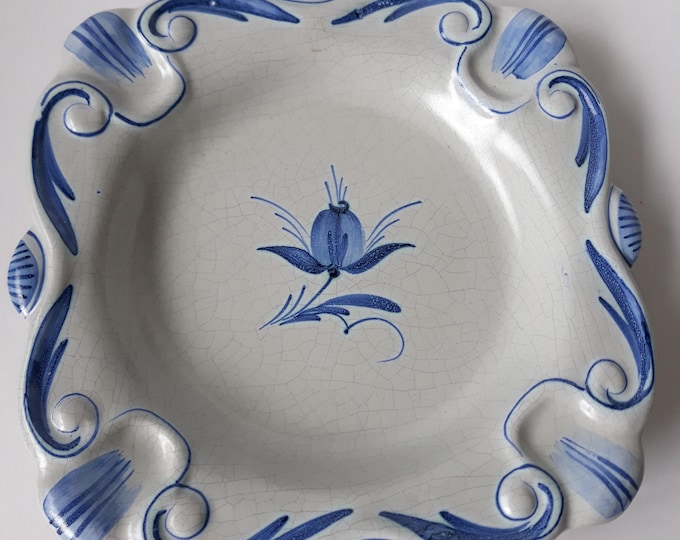 Bo Fajans Sweden Decorative Faience Plate. Hand Painted in Blue Colour with Floral Motive. Marked. Home Decor. Vintage Swedish Tableware 30s