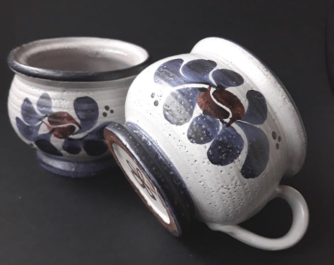 Two-piece Set. Hand Throw Pottery Studio Large Mug and Pot. Hand painted. Abstract Floral Motif. Matte finish. Signed by the Artist.