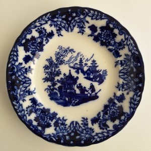 Antique Rörstrand Flow Blue Plate. Beautiful Old Swedish Porcelain Plate. Oriental Scene. Border Decorated with a Plant Motif. Collectable. image 7