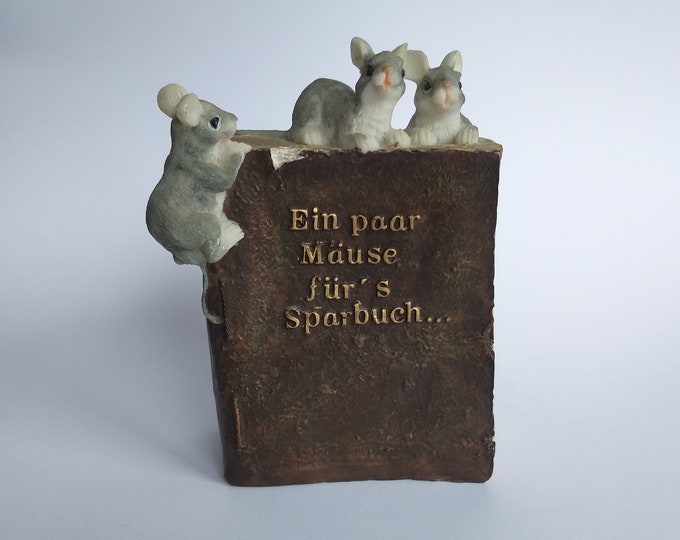 Piggy Bank in the Shape of a Old Damaged Book with Mouse Figures. A Cute Gift. Vintage Kitsch Piece from 80s.