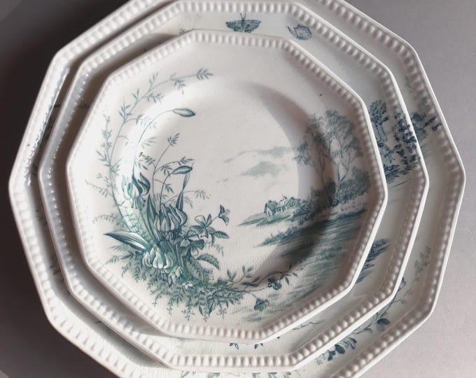 Set of 3 Plates Antique Gustavsberg. Pattern Lilium. Design Arvid Ekberg. Angular Edges. Dinner Plate, Salad Plate and Desert or Side Plate.