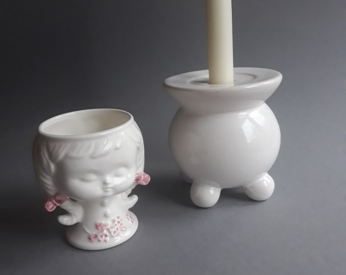Set of 2. Scandinavian Ceramic Candlestick Holder in White Glaze and Porcelain Girl Head Vase. Both look great together. Vintage Home Decor.