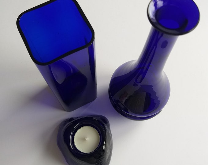 Choice of Vintage Cobalt Blue Square Vase, Carafe Vase or Heavy Scandinavian Cristal Glass Tealight Holder. Beautiful Colour. Home Decor.