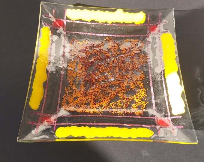 Vintage Swedish Fused Glass Square Bowl Dish Plate. Nice Vivid Colours on Clear Base. Scandinavian Art Glass. Home Decor from Sweden.