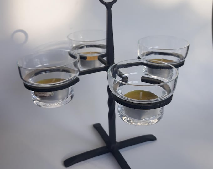 Amie Stålkrantz Lundqvist Glass Advent Candleholder on Metal Stand for Four Tealights. Original Label. Swedish Vintage Home Decoration.